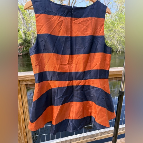 🧡 BANANA REPUBLIC Rust Orange and Navy Rugby Stripe Peplum Blouse. - Picture 7 of 8